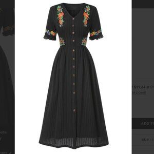 Black Embroidered Button-Front Maxi Dress